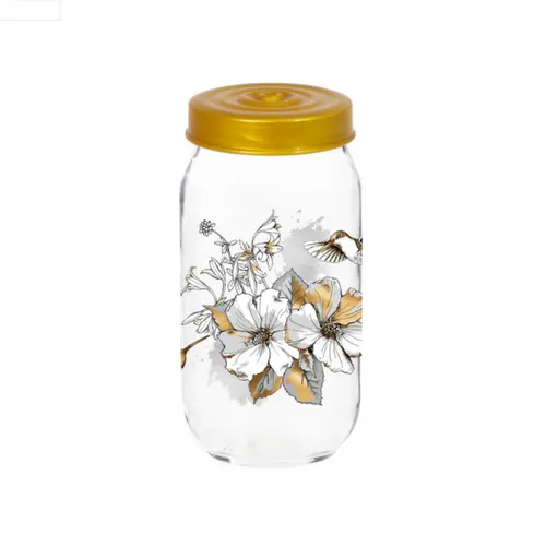 Pote de Vidro Herevin Redondo Com Tampa Gold Flower