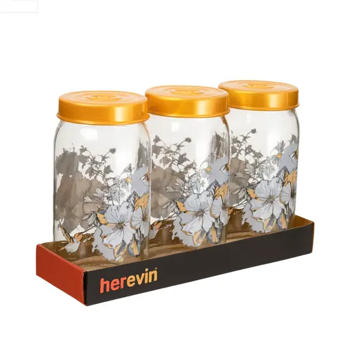 Jogo de 3 Potes Herevin de Vidro Com Tampa Gold Flower
