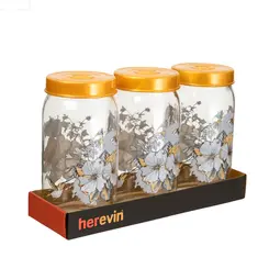 Jogo de 3 Potes Herevin de Vidro Com Tampa Gold Flower