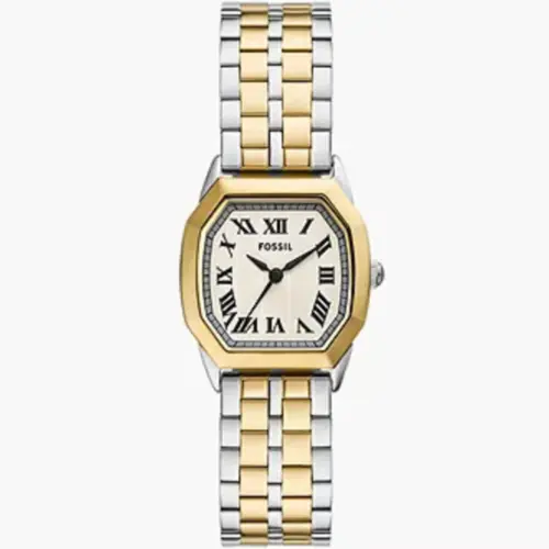 Relógio Fóssil Feminino Analógico Fundo Branco com Pulseira de Metal Prata e Dourada ES5362