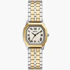 Relógio Fóssil Feminino Analógico Fundo Branco com Pulseira de Metal Prata e Dourada ES5362