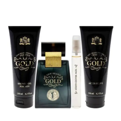Kit Perfume New Brand Gold Eau de Toilette Masculino 100ml + Gel de Banho 130ml + Após Barbear 130ml + Miniatura 15ml