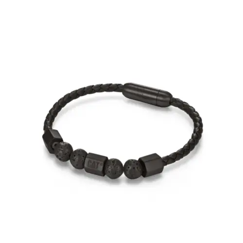 Pulseira Masculina Caterpillar Igneous Couro Preto Com Pedras Vulcânicas 21,5 cm J026B39111