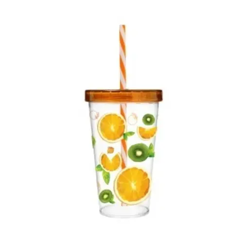 Copo Herevin com Tampa e Canudo Orange e Kiwi 660ml