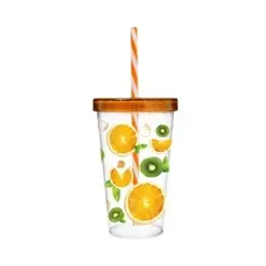 Copo Herevin com Tampa e Canudo Orange e Kiwi 660ml