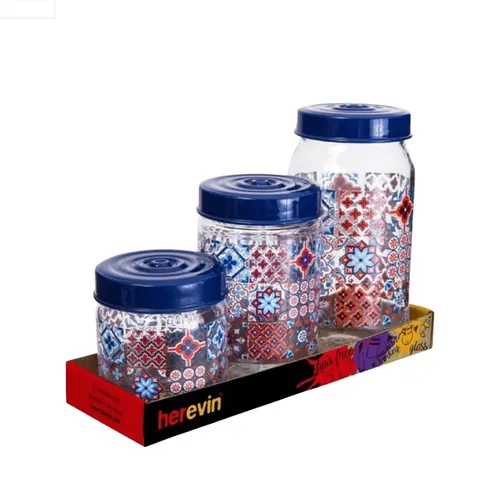Jogo de 3 Potes Herevin de Vidro Com Tampa Azul Mosaic 425ml-660ml-1L