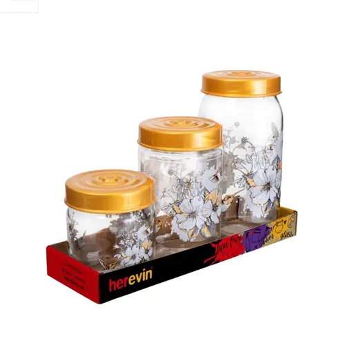 Jogo de 3 Potes Herevin de Vidro Com Tampa Gold Flower 425ml-660ml-1L