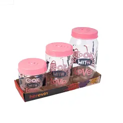 Jogo de 3 Potes Herevin de Vidro Com Tampa Rosa Cook With Love  425ml-660ml-1L