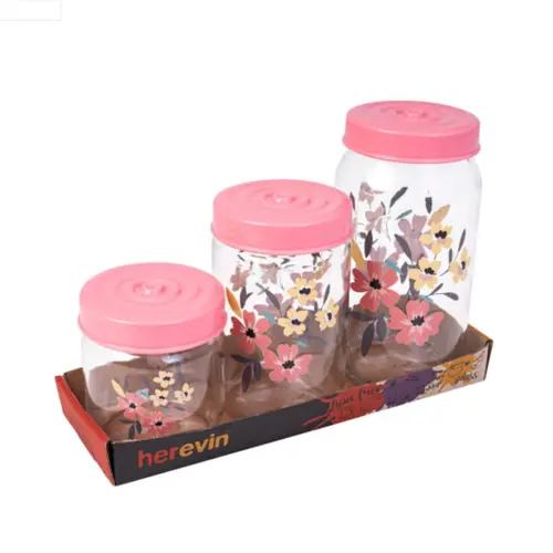 Jogo de 3 Potes Herevin de Vidro Com Tampa Rosa Spring Flower 425ml-660ml-1L