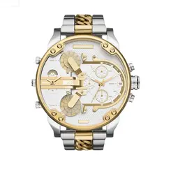 Relógio Diesel Masculino Cronógrafo Fundo Branco com Pulseira de Metal Prata e Dourada DZ7486