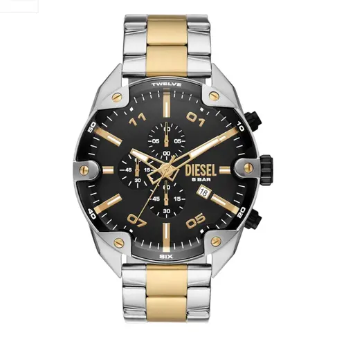 Relógio Diesel Masculino Cronógrafo Fundo Preto com Pulseira de Metal Prata e Dourada DZ4627