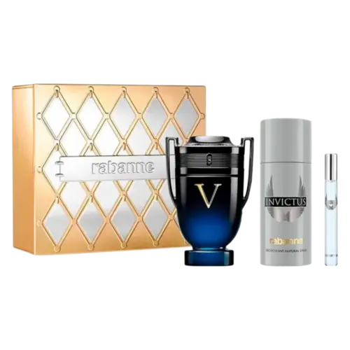 Kit Perfume Rabanne Invictus Victory Elixir Parfum Intense 100ml +  Desodorante Spray de 150ml + Mini Parfum de 10ml Masculino